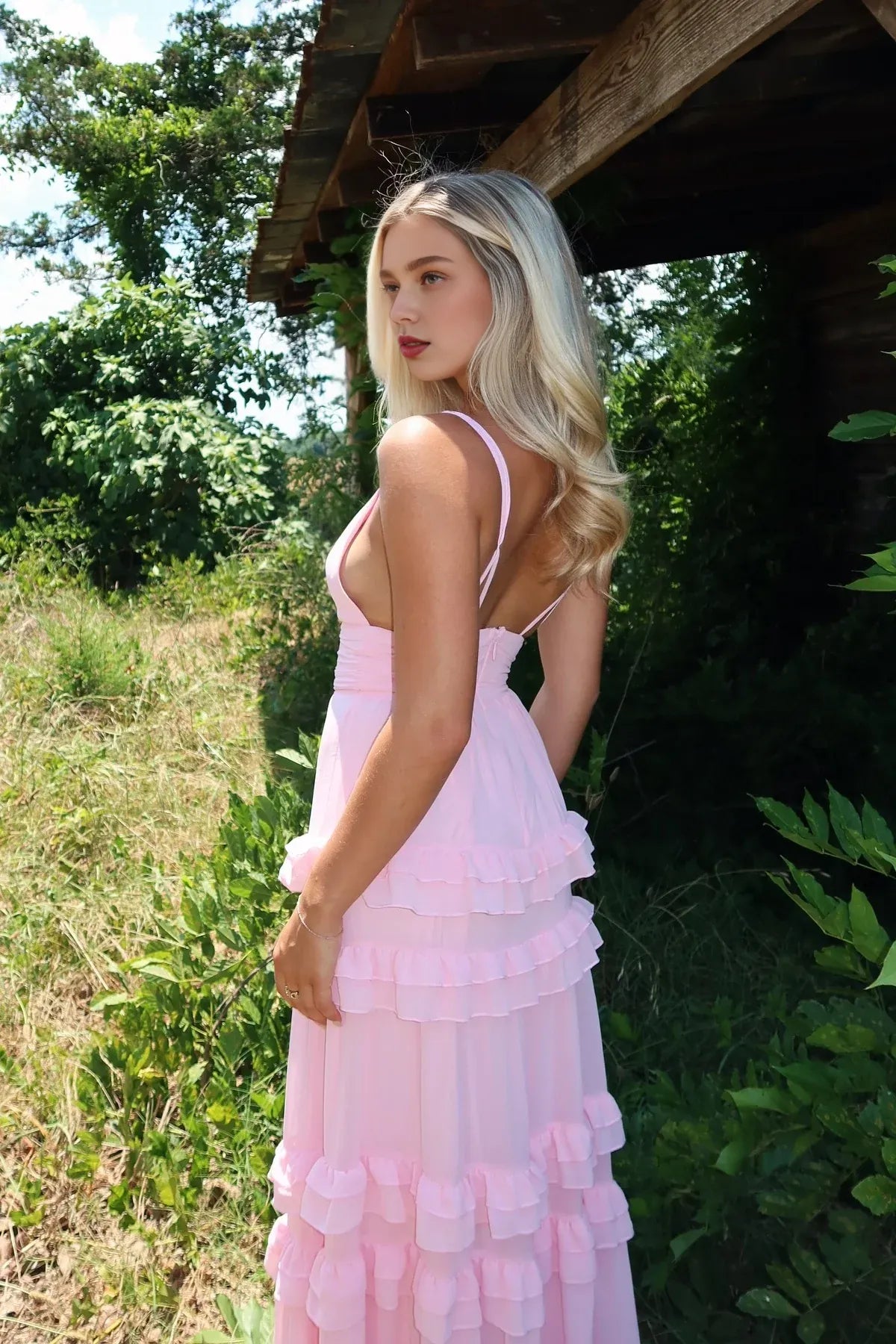 Vestido Weitese de gasa rosa con escote en V y dobladillo con volantes para dama de honor y fiesta